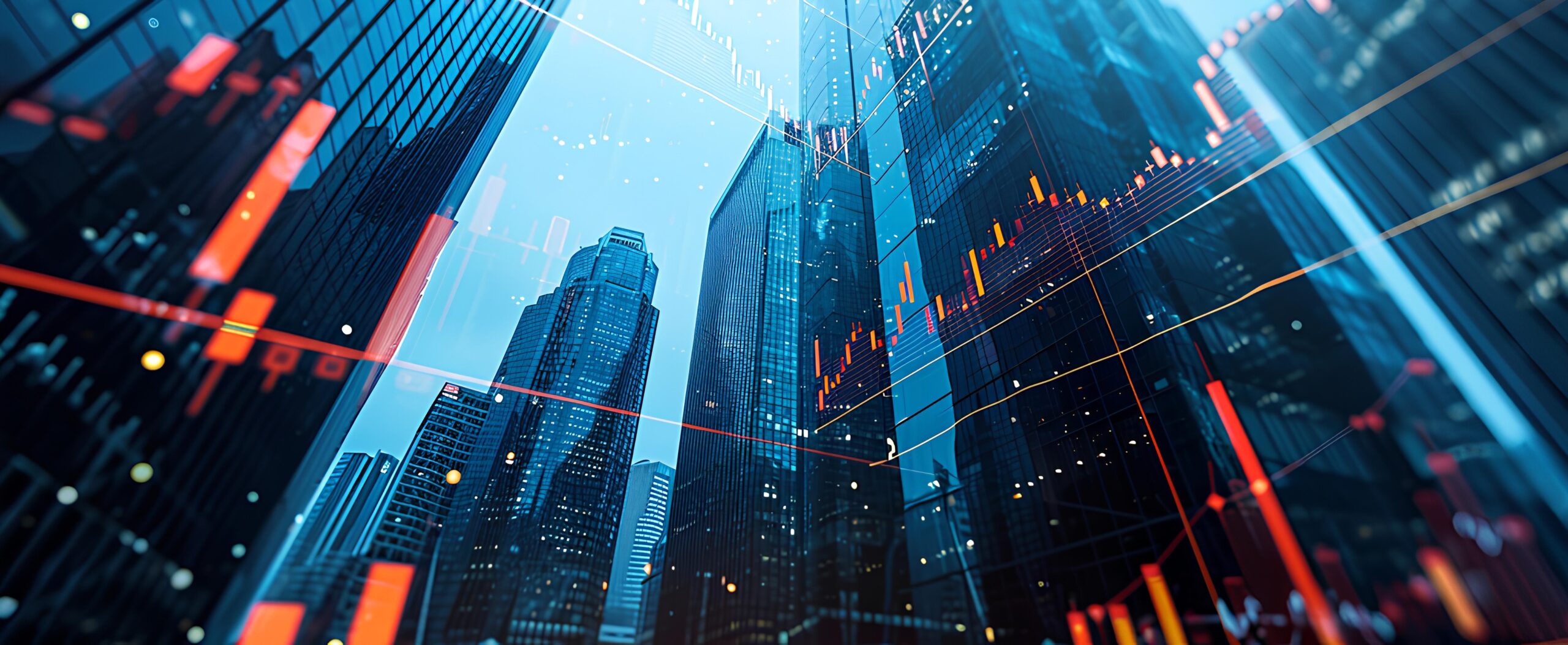 Silhouettes of skyscrapers with superimposed stock market graphs.
