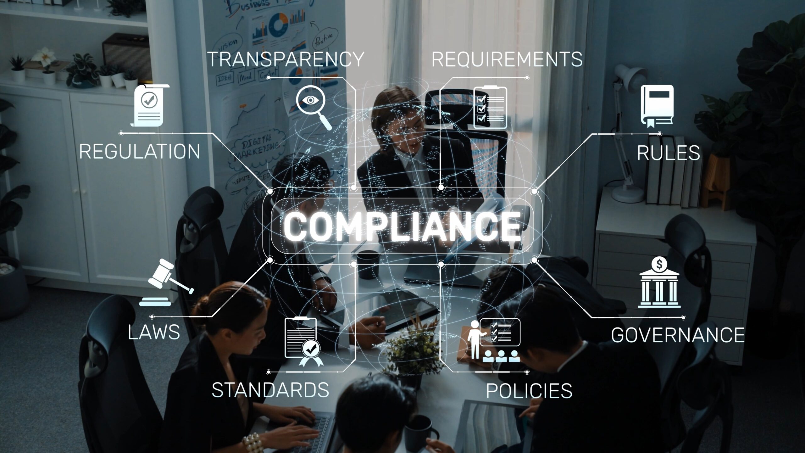 Professionals engage in a collaborative meeting focused on compliance related to laws and regulations, emphasizing transparency and effective governance strategies