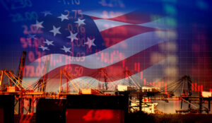 USA America flag economy conflict tax business finance / united states stock market exchange graph construction