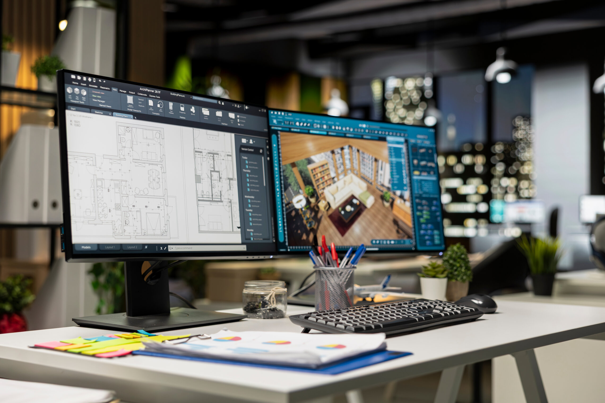 Contemporary office desk with CAD interface displaying digital blueprints