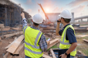 Construction supervision team at road construction site.