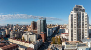 Panoramic urban view of street.