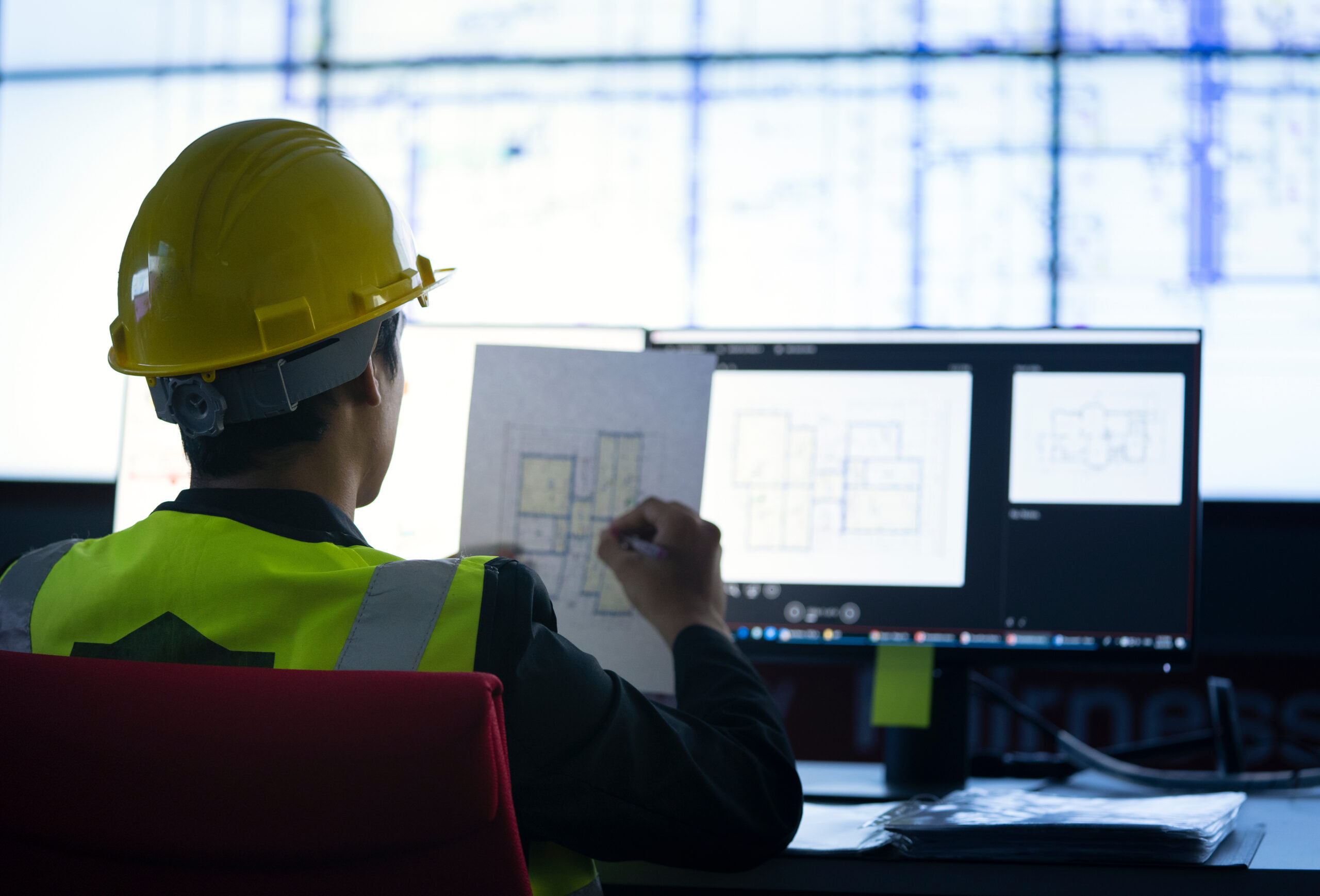 Industrial Engineering works in front of monitoring screen in the control center office. technology and artificial intelligence concept.