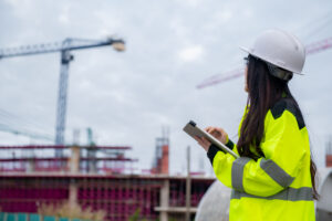 Engineer working at site of a large building at construction site.