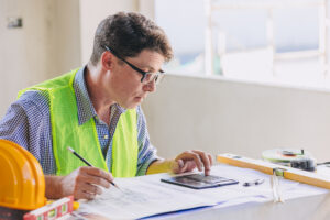 Engineer builder calculate construction bill cost surprised shock expression for building project cost excessive expenditure.
